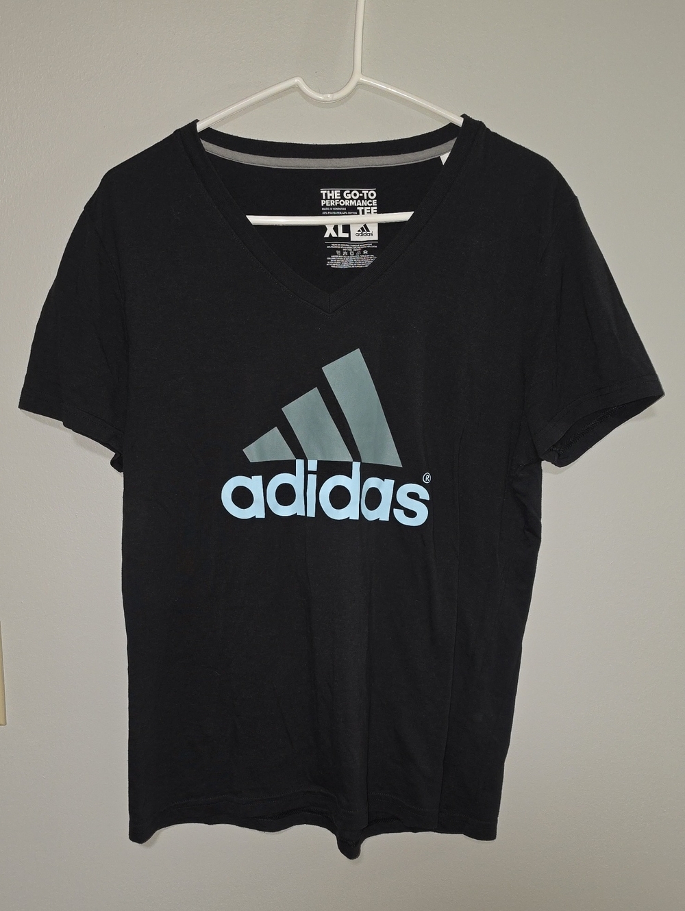 adidas Black V-Neck Tee with Light Blue Logo